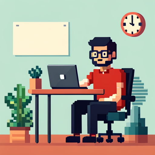 a guy in a red shirt, sporting black glasses, busy with a laptop Overcoming Procrastination in Code. Convey the essence of coding motivation as he triumphs over procrastination. Capture the moment with a playful and determined expression. The background showcases lines of code and a clock, nodding to the Pomodoro Technique. This pixel art embodies the solutions discussed in the blog, offering a visual representation of overcoming procrastination in code through focused coding sessions, clear goals, rewards, rituals, and the power of visualization. Let the art inspire fellow coders to embrace the journey, defeat procrastination, and emerge victorious in their coding adventures.