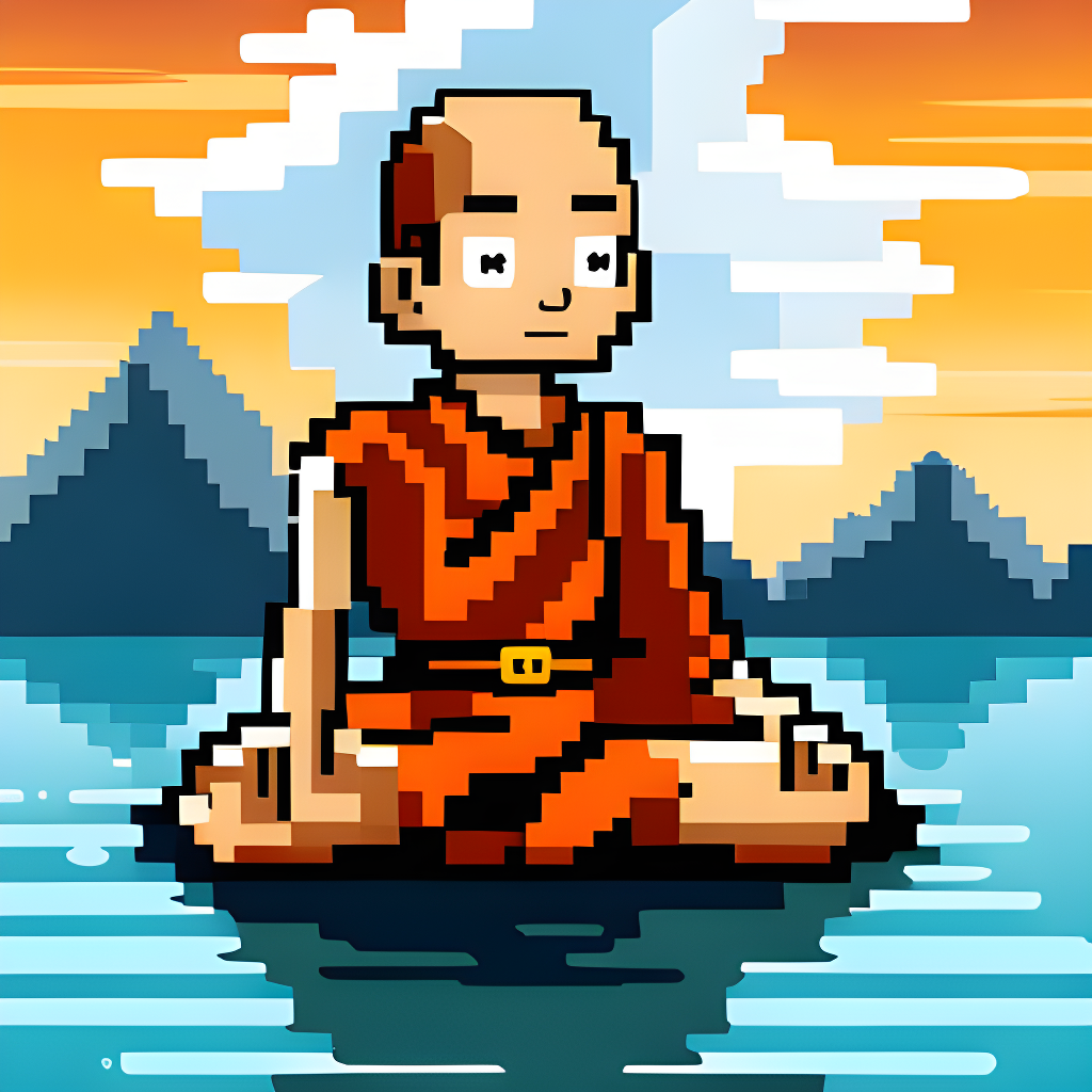 monk meditating. floating in the air. html code in thought bubble.