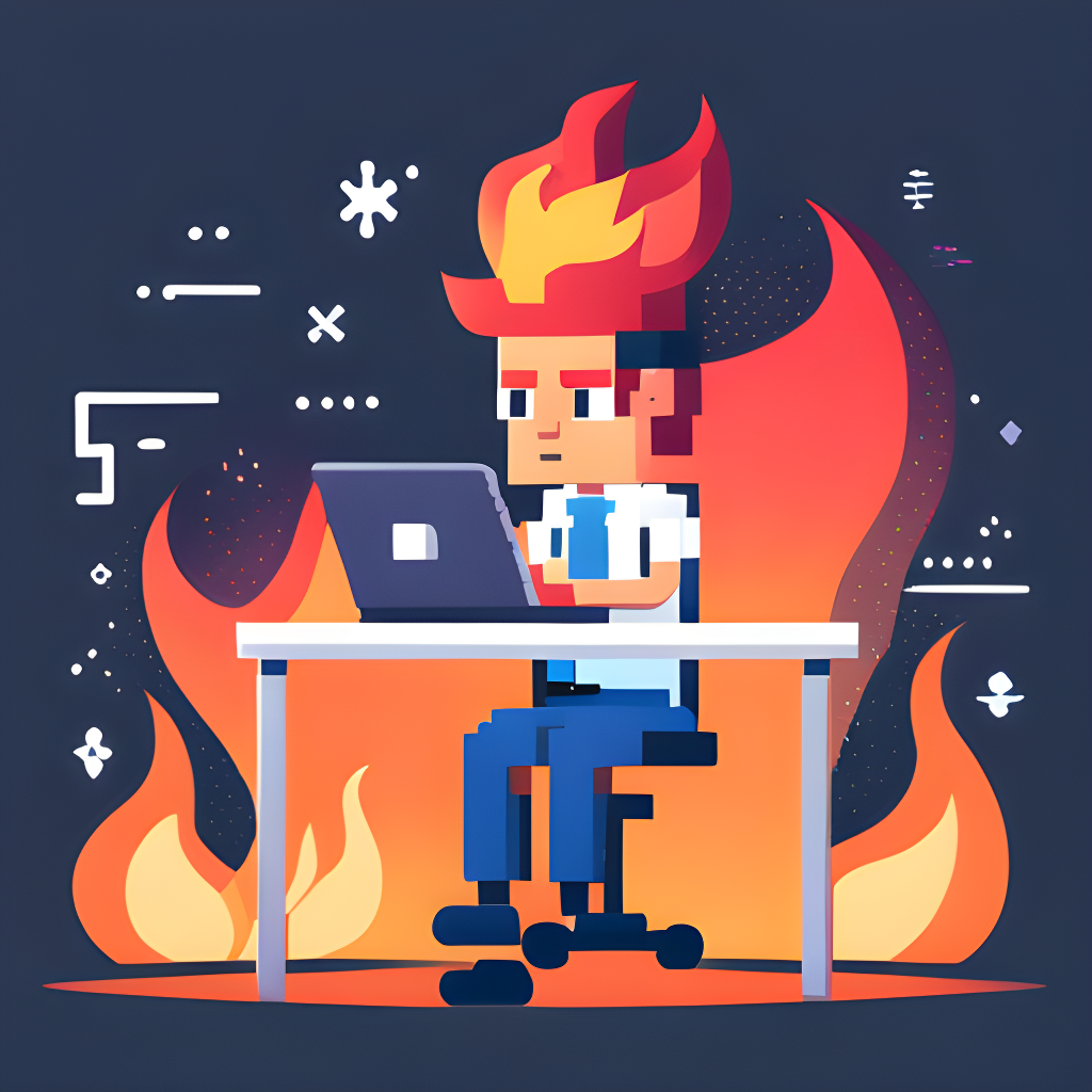 pixel art show a frustrated coder in front of his laptop burning