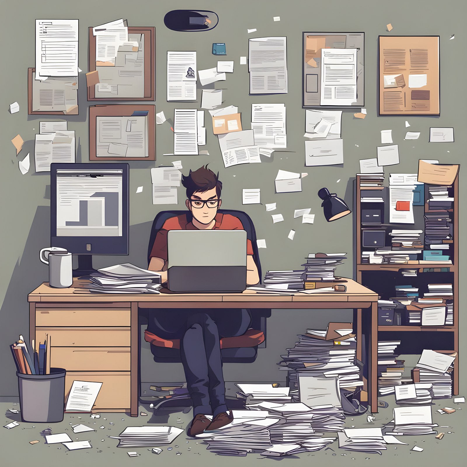 A frustrated self-taught programmer sitting at their cluttered desk, surrounded by scattered papers and a half-empty coffee cup. The programmer is staring at a computer screen displaying multiple job application rejection emails. The expression on their face should convey a mix of determination and frustration. In the background, there's a poster on the wall that reads, "Never Stop Coding." The lighting should be dim, emphasizing the emotional struggle of the moment. Capture the essence of resilience and the relentless pursuit of their dream Job without a Degree