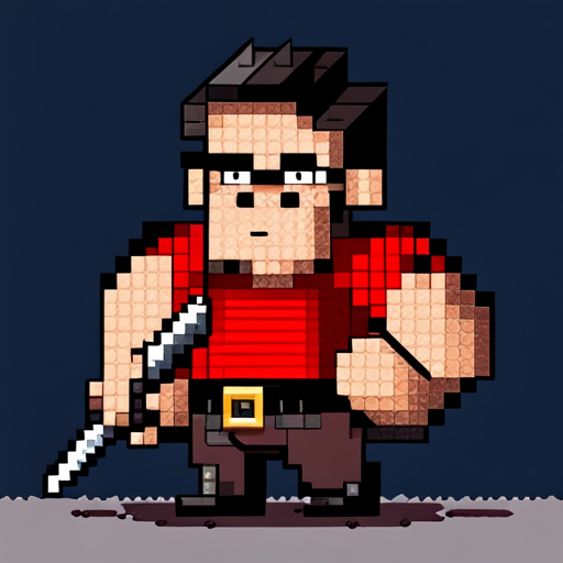 A pixel art image of an angry guy with a knife ready to fight. Show the guy wearing a red shirt and black glasses. He needs Work-Life Balance Tips.