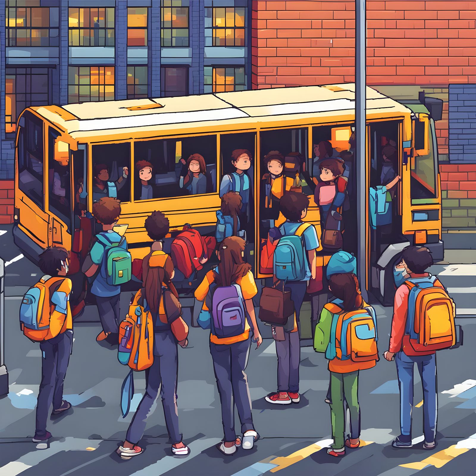 Head on to an IT Career! An image of diverse students eagerly waiting at a bus stop, backpacks on, with bright smiles, showcasing their excitement to go to school on a sunny morning.
