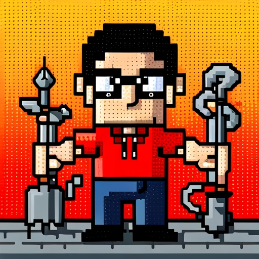 A picture of a Jack of all trades vs. specialist in software development is a man in a red shirt with black glasses with 8 hands holding different tools. 8 bit art.