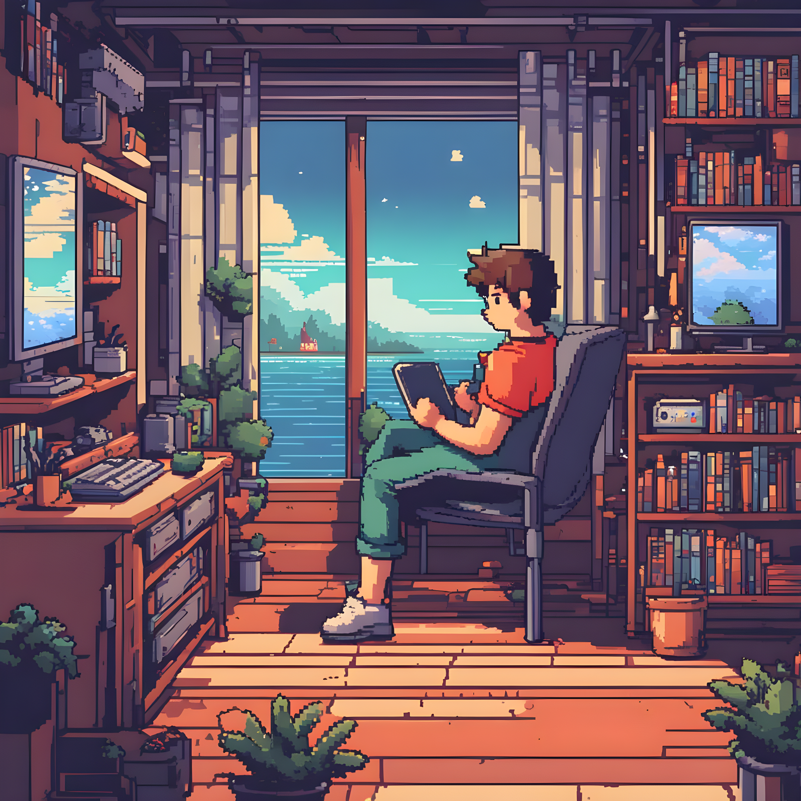 A pixel art character sitting in a cozy room, surrounded by modern gadgets and screens. They've pushed away their computer, turned off their smartphone, and unplugged from the digital world. Instead, they're reclining in a comfortable chair, a book in hand, basking in the warm glow of a soft lamp. A cup of tea sits on a nearby table, and a peaceful smile graces their face. This pixel art captures the essence of "self-care practices" by highlighting the importance of unplugging and enjoying a serene moment of technology-free relaxation.