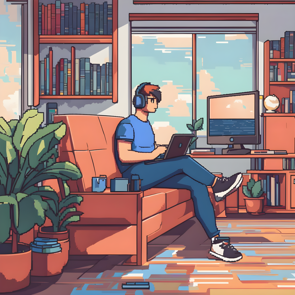 A pixel art character disconnecting from screens and technology, embracing self-care practices, and finding serenity in a moment of tech-free relaxation