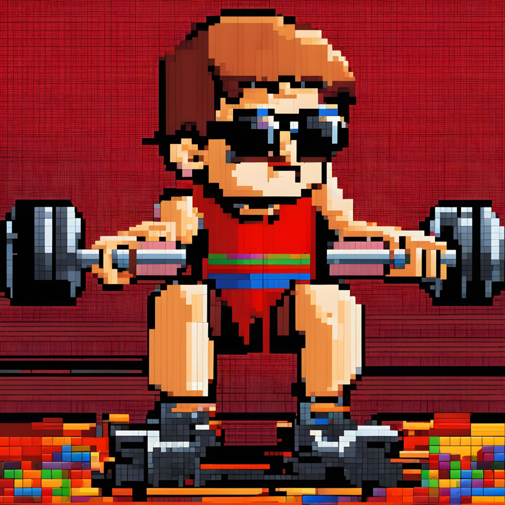 man in a red shirt and black rimed glasses  exercising with dumbels