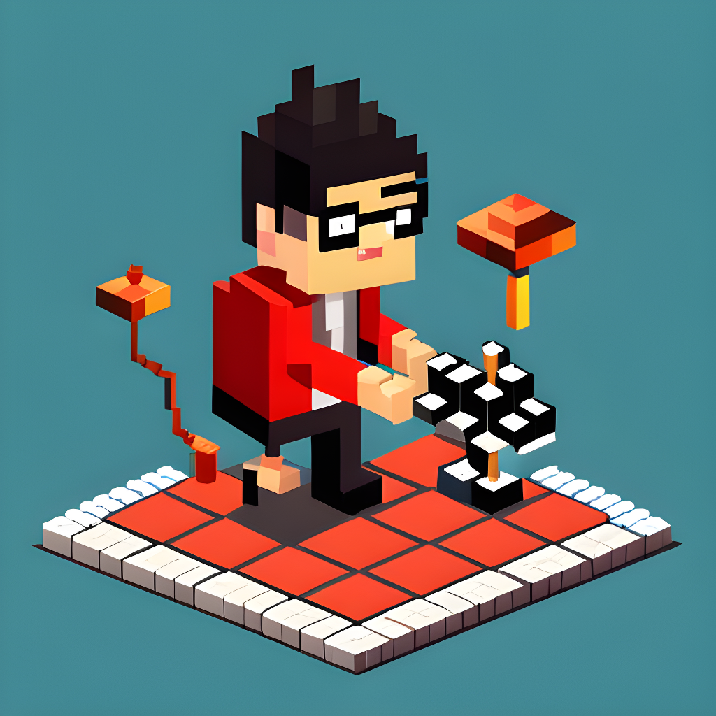 Man in red shirt and lack glasses playing chess mine craft style