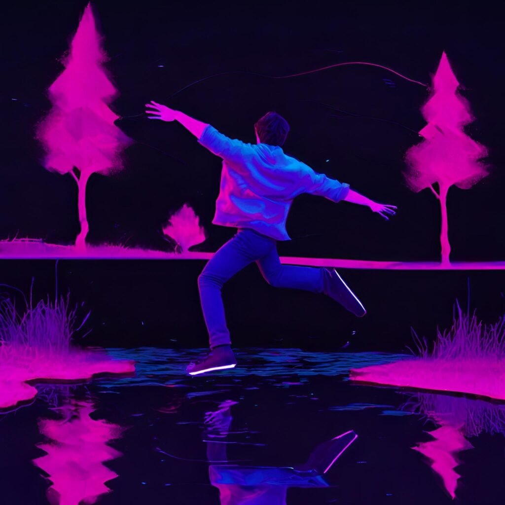 An artistic illustration of a programmer gracefully skipping from one data-filled stone to another on a pond, showcasing the magic of custom buttons in DataTables.