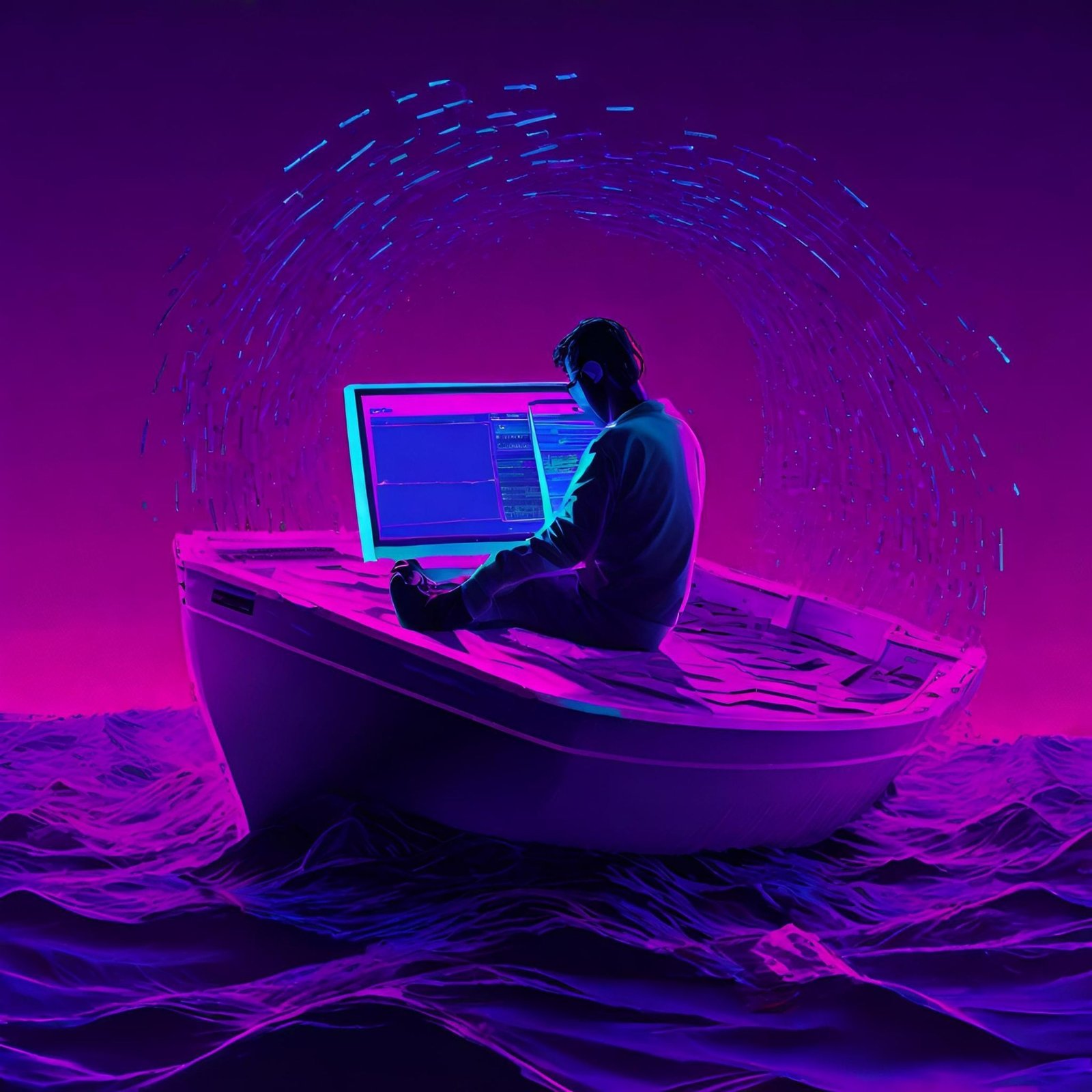 A programmer on a sinking boat surrounded by data illustrates the concept of 'Deleting Rows in DataTables' in this image.