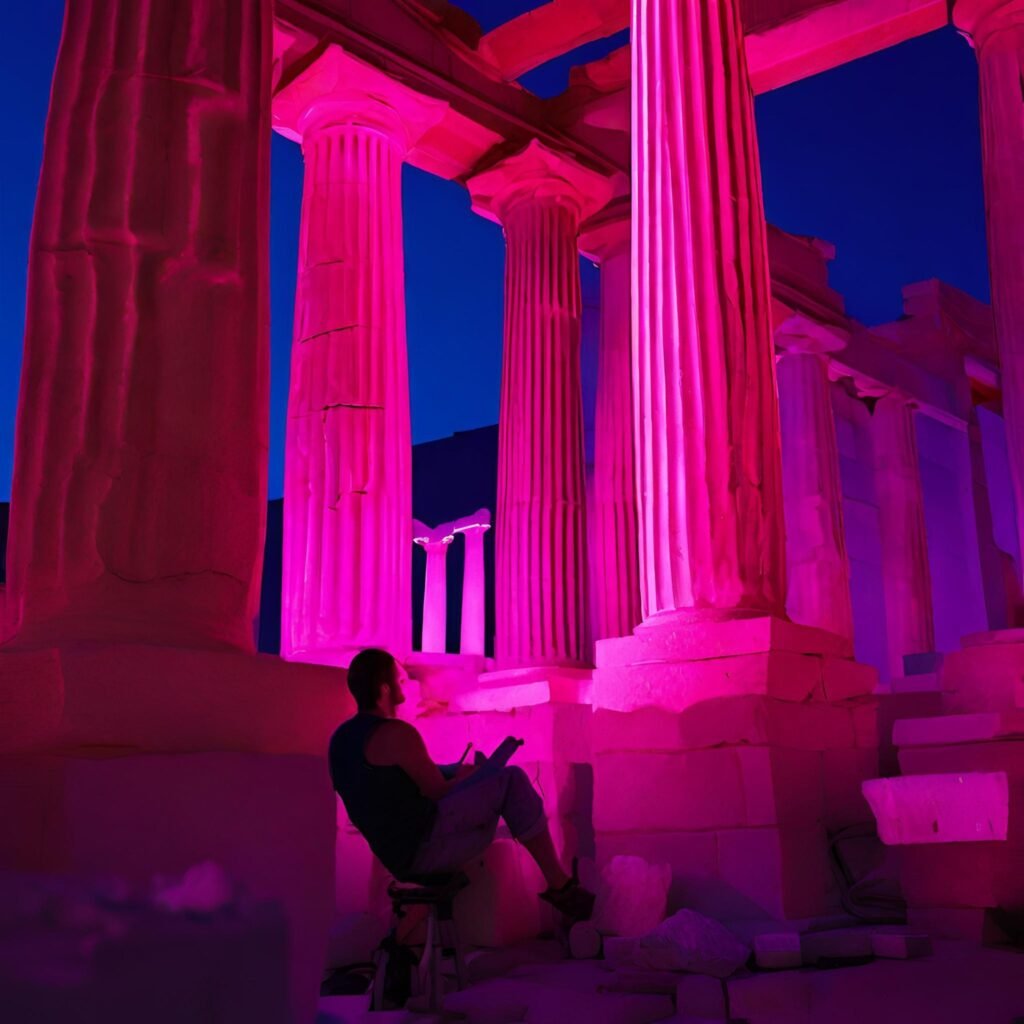 Design an artistic scene with a stonemason working amid majestic Greek columns, symbolizing DataTables dynamic columns.