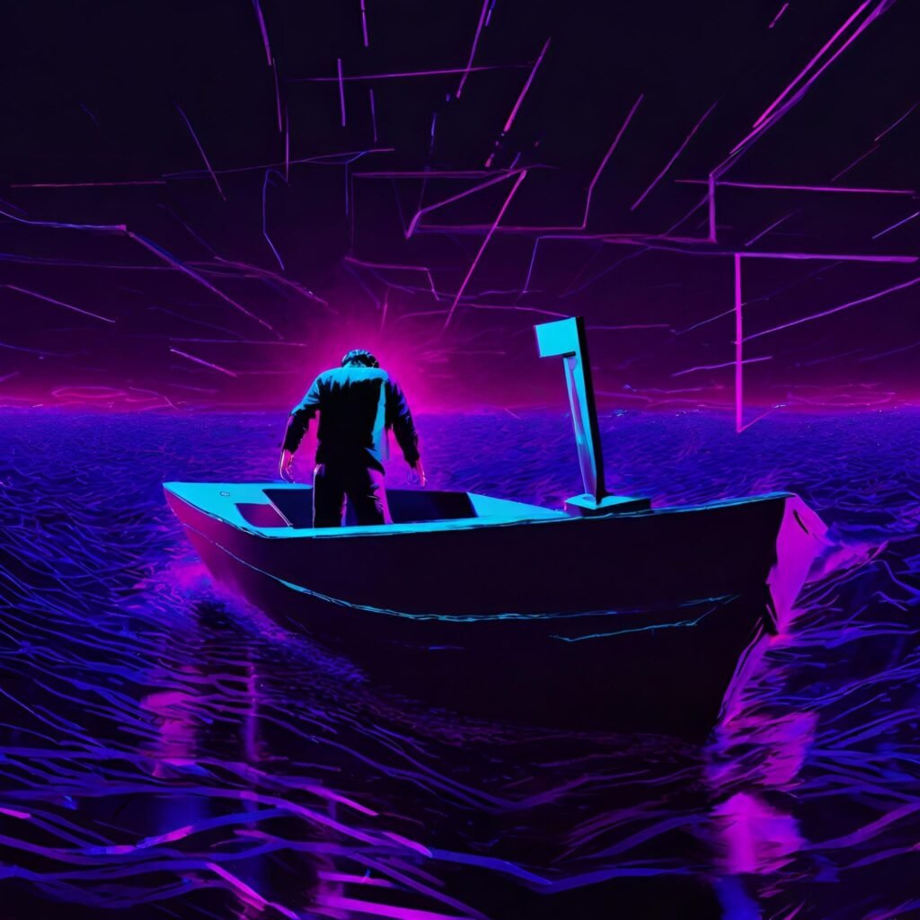 Efficient data management is depicted in an image featuring a coder on a sinking boat amidst a sea of data for 'Deleting Rows in DataTables.