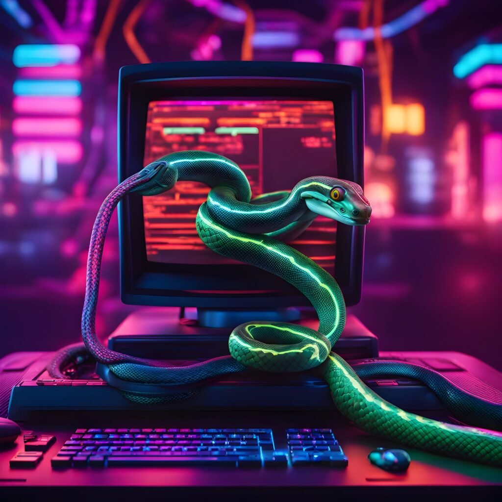 A graphical representation of a Python snake coiling around a Macintosh terminal, both featuring animated hands shaking firmly in the context of "Run Python Scripts."