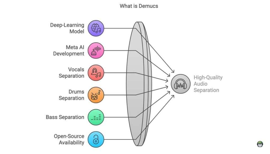 Infographic explaining Demucs, an open-source deep-learning model for music source separation. It isolates vocals, drums, bass, and other instruments with high accuracy.