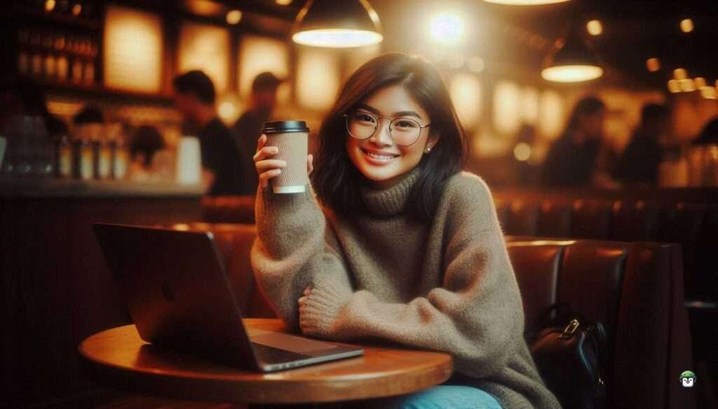 Calista, a young Filipina in black-rimmed glasses, awkwardly holding a laptop and coffee cup in a cozy coffee shop, radiating calm and creativity.