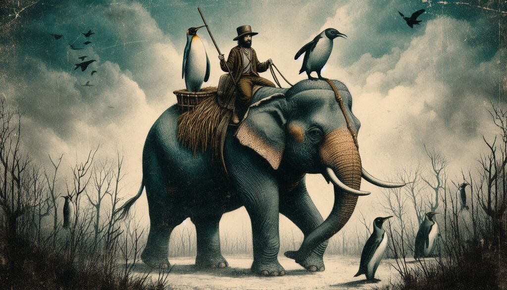 an elephant riding a penguin led by a farmer.