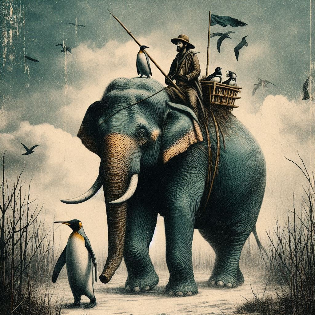 an elephant riding a penguin led by a farmer.