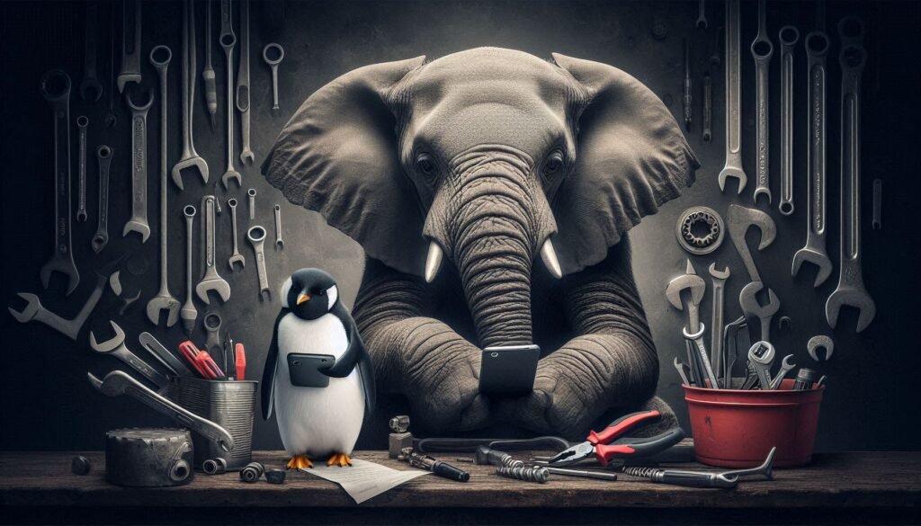 Penguin and elephant using tools to configure PHP in Termux on a mobile phone. wide