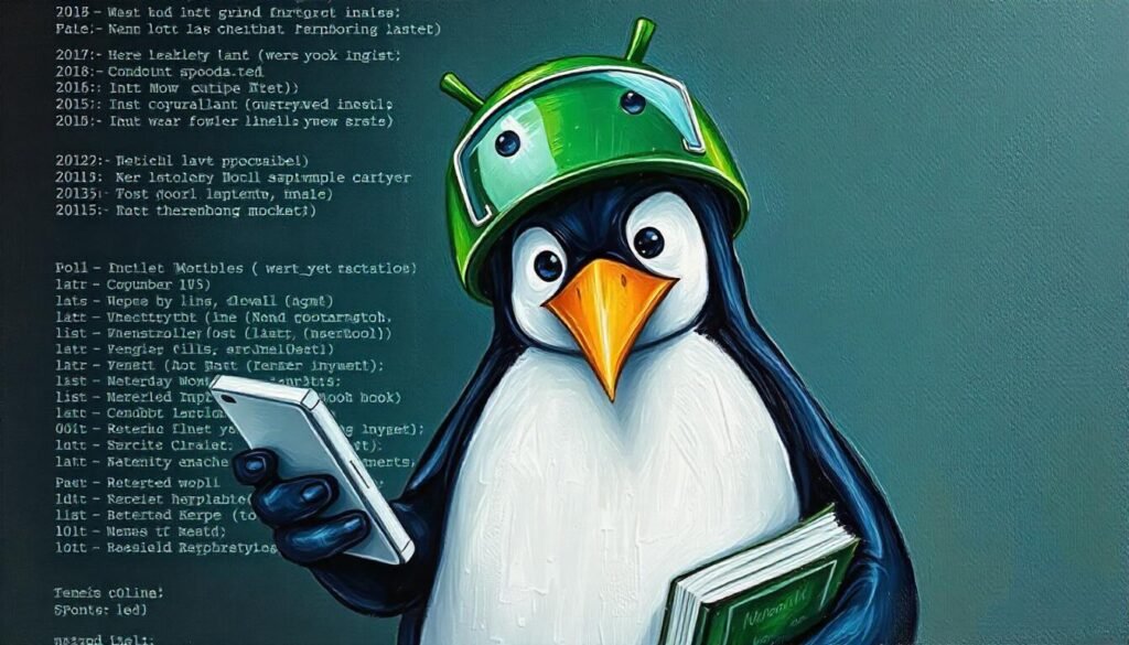 san galope dev digest  a textured oil painting of a penguin wearing a sam galope dev digest mascot green android helmet holding a mobile phone in one hand and a book in the other background is a terminal screen with bash script and text