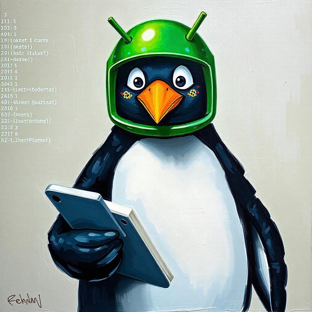 Sam galope dev a textured oil painting of a penguin wearing a sam galope dev digest mascot green android helmet holding a mobile phone in one hand and a book in the other background is a terminal screen with bash script and text