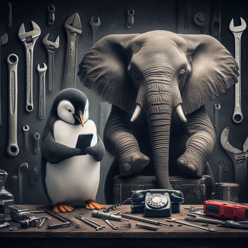 Penguin and elephant using tools to configure PHP in Termux on a mobile phon square