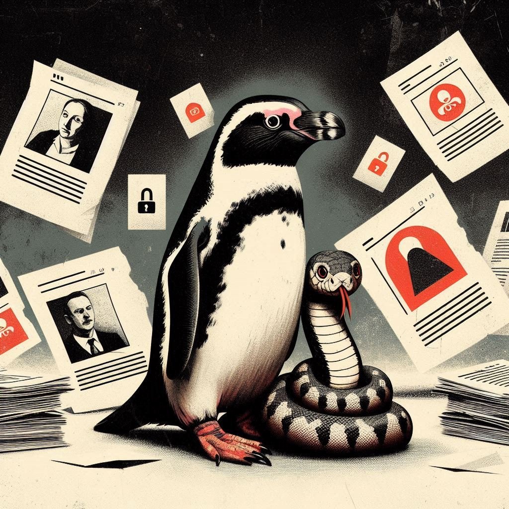 A penguin and snake surrounded by PDF files and images. Grungy aesthetic. Serious. The scene reflects a detailed process of converting PDF files to JPG images, with a focus on the technical and meticulous nature of the task square.