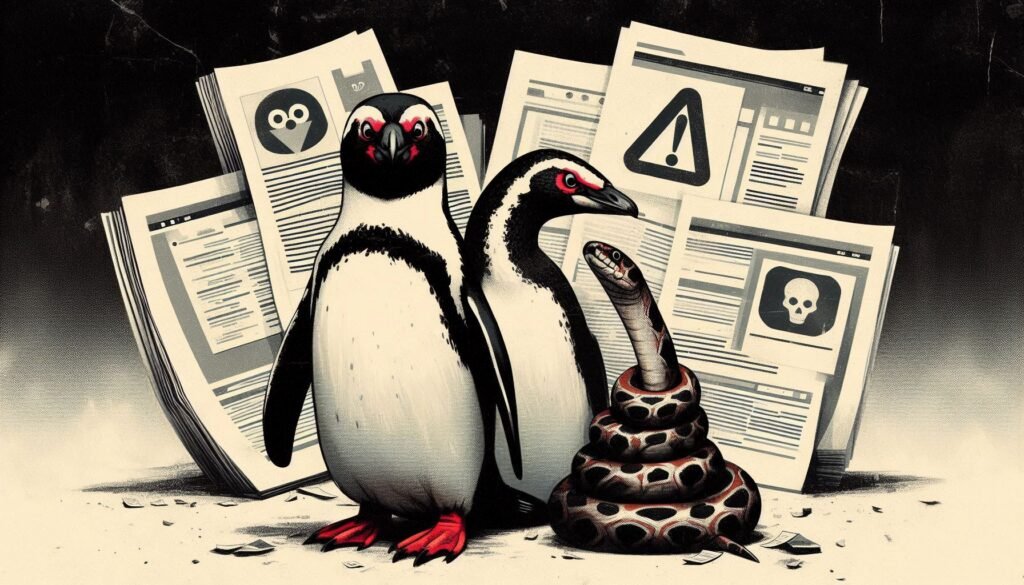 A penguin and snake surrounded by PDF files and images. Grungy aesthetic. Serious. The scene reflects a detailed process of converting PDF files to JPG images, with a focus on the technical and meticulous nature of the task wide.