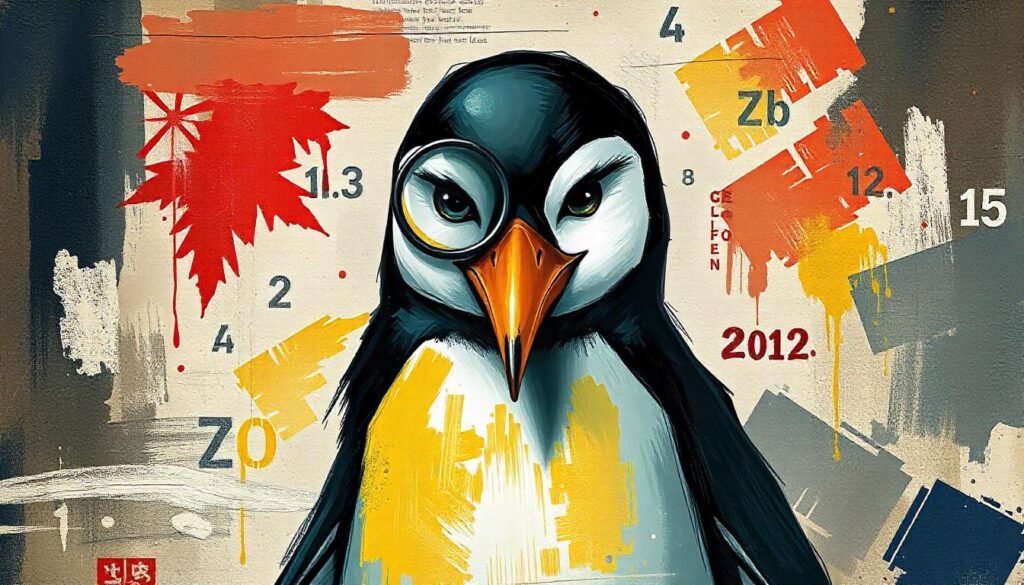 serious penguin with a monocle surrounded by letters and numbers