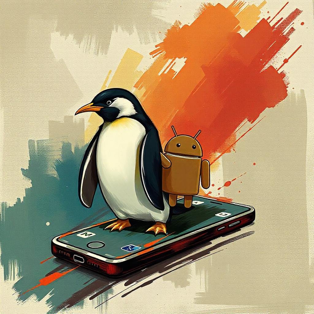 A penguin, android, and hexagon working together on a mobile app. grunge and gritty.