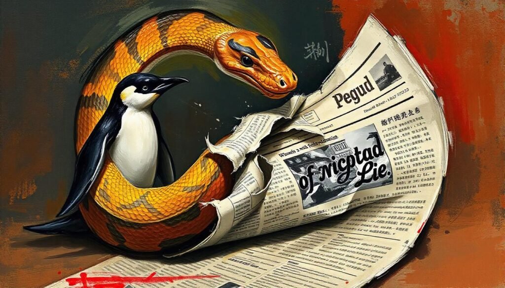 A python tearing a newspaper apart while a penguin watches. slightly graphic grunge aesthetic.