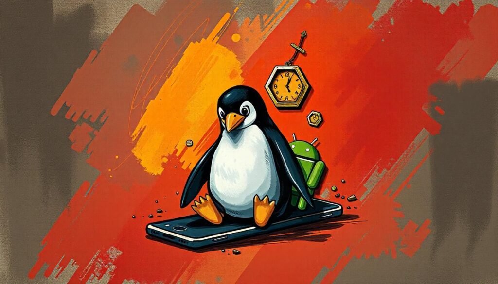 A penguin, android, and hexagon working together on a mobile app. grunge and gritty.