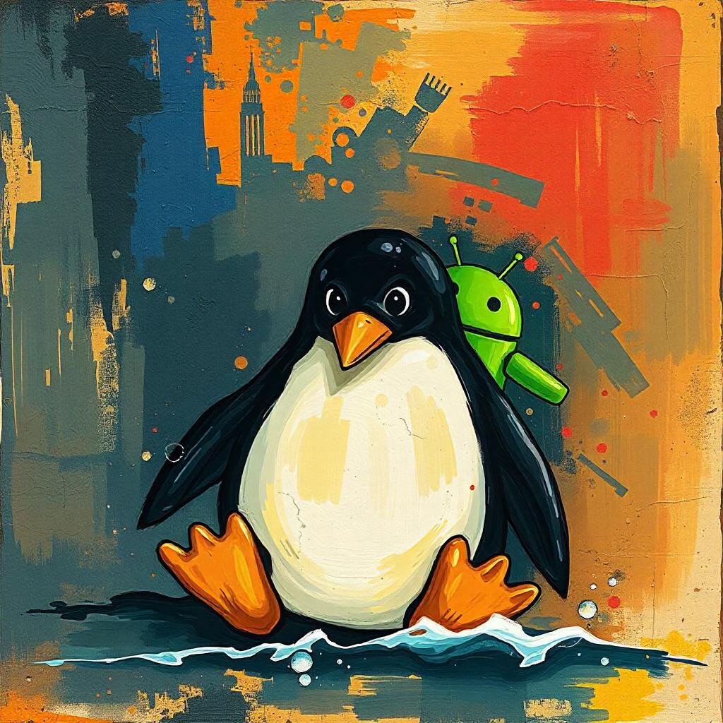 a penguin, android, and hexagon surfing the web. grunge and gritty.