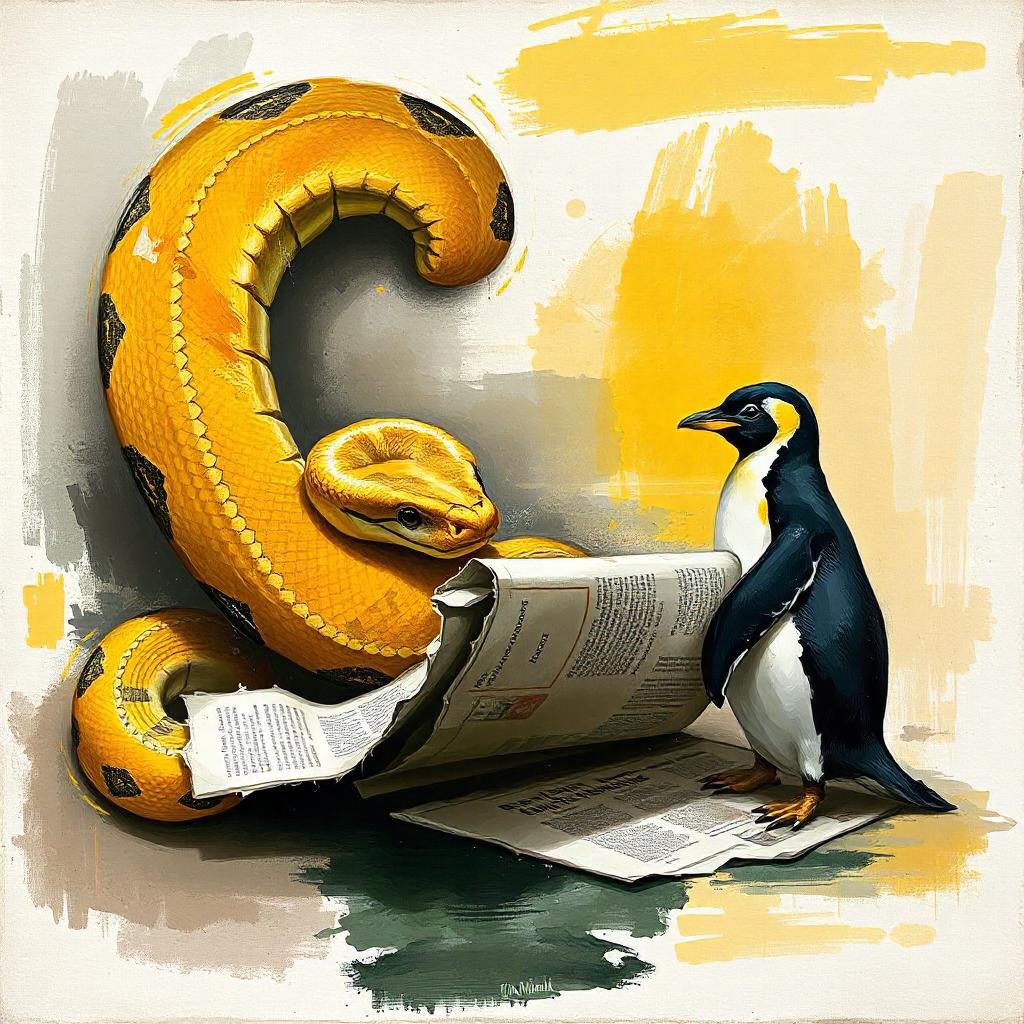 A python tearing a newspaper apart while a penguin watches. slightly graphic grunge aesthetic.