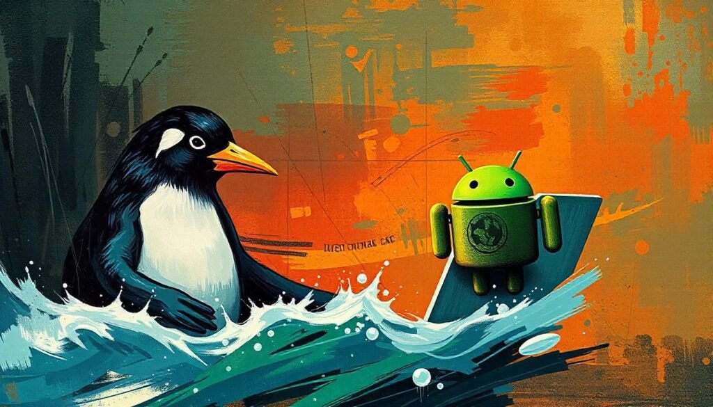 a penguin, android, and hexagon surfing the web. grunge and gritty.