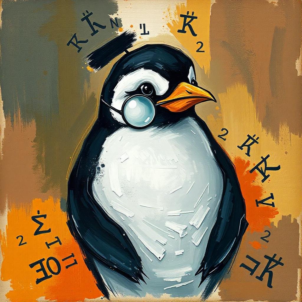 serious penguin with a monocle surrounded by letters and numbers