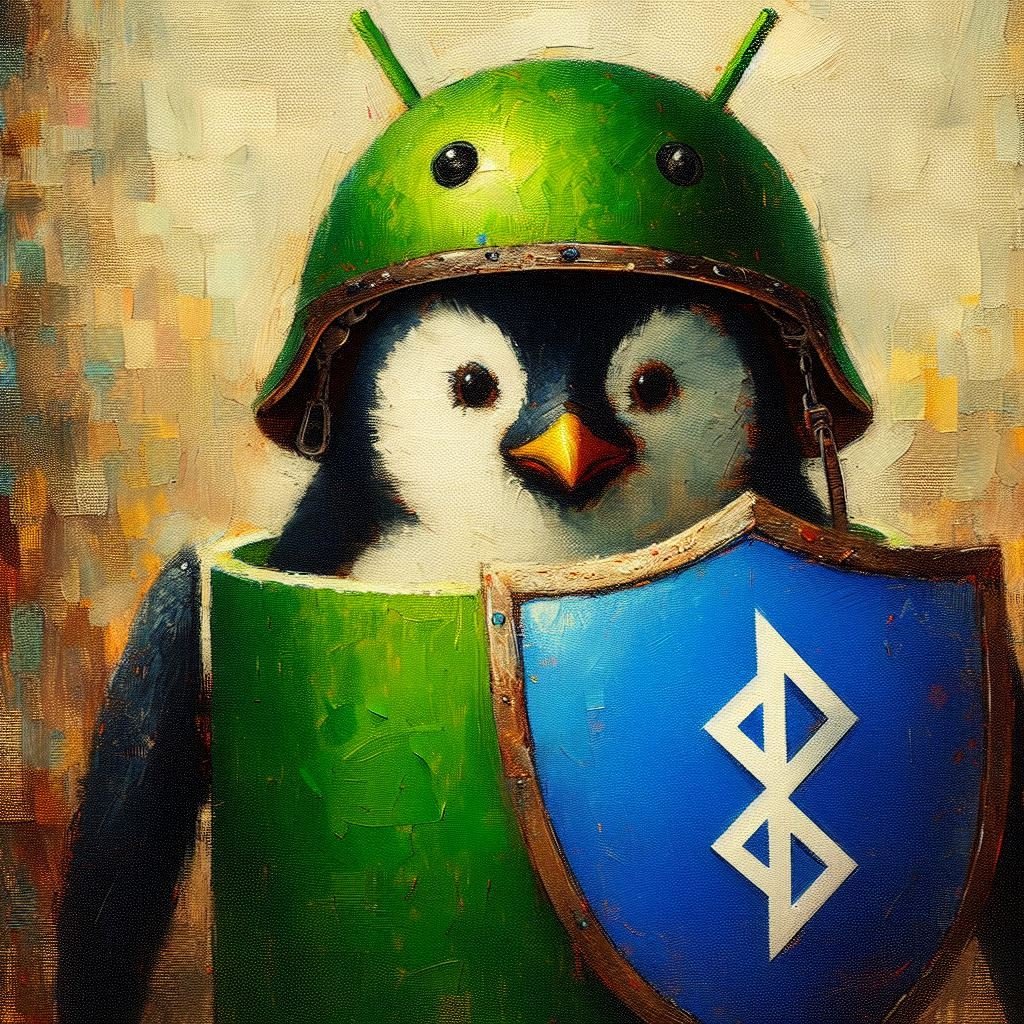 a textured oil painting of a penguin with a green google android helmet holding a shield in the shape of a bluetooth icon. textured, gritty, grungy aesthetics.