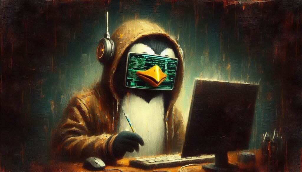 oil painting of a penguin with an android helmet hacking a computer system. gritty grungy aesthetic.