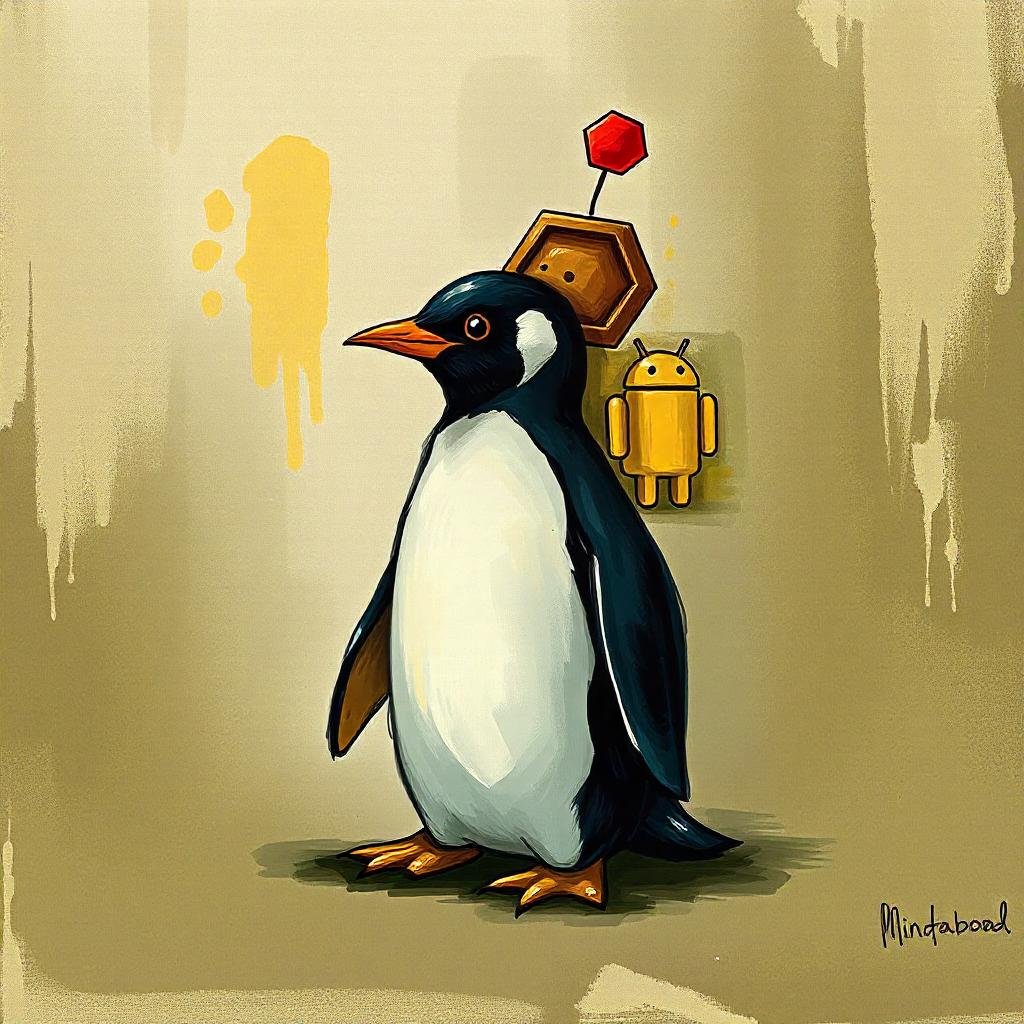 A penguin with android and a hexagon.