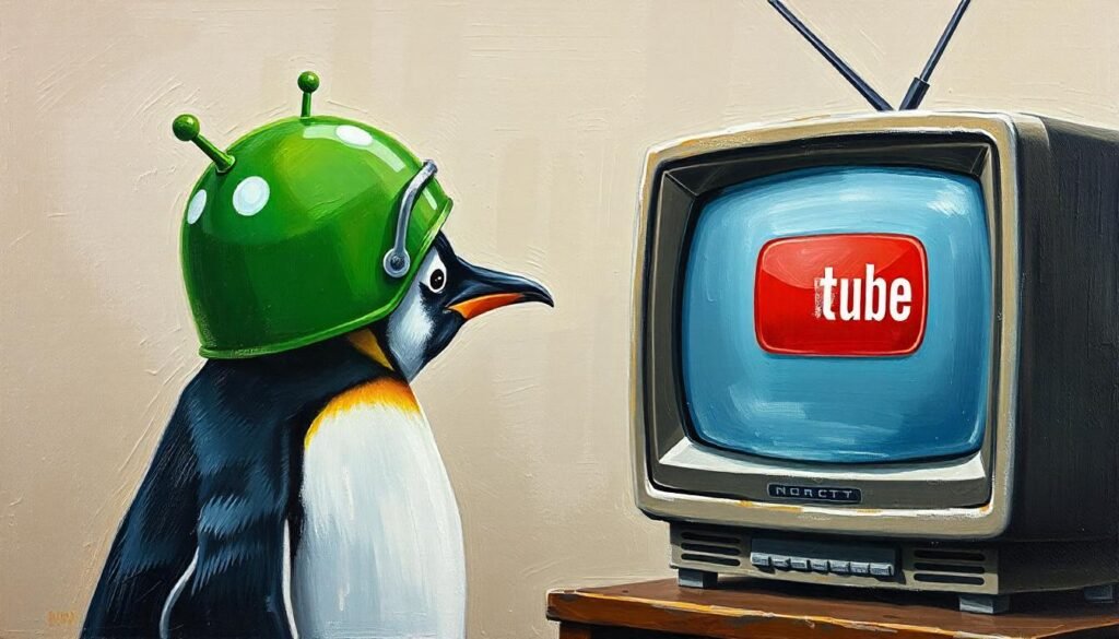 a textured oil painting of a penguin wearing a green android helmet watching an old television set with a big youtube icon on the screen wide