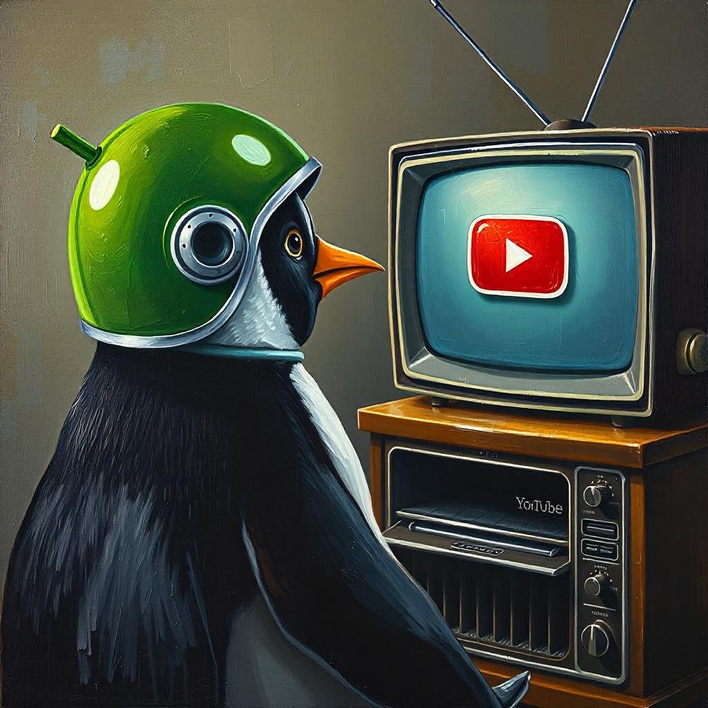 a textured oil painting of a penguin wearing a green android helmet watching an old television set with a big youtube icon on the screen square