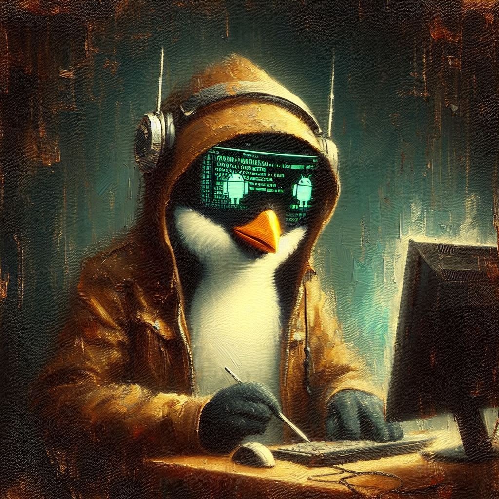 oil painting of a penguin with an android helmet hacking a computer system. gritty grungy aesthetic.