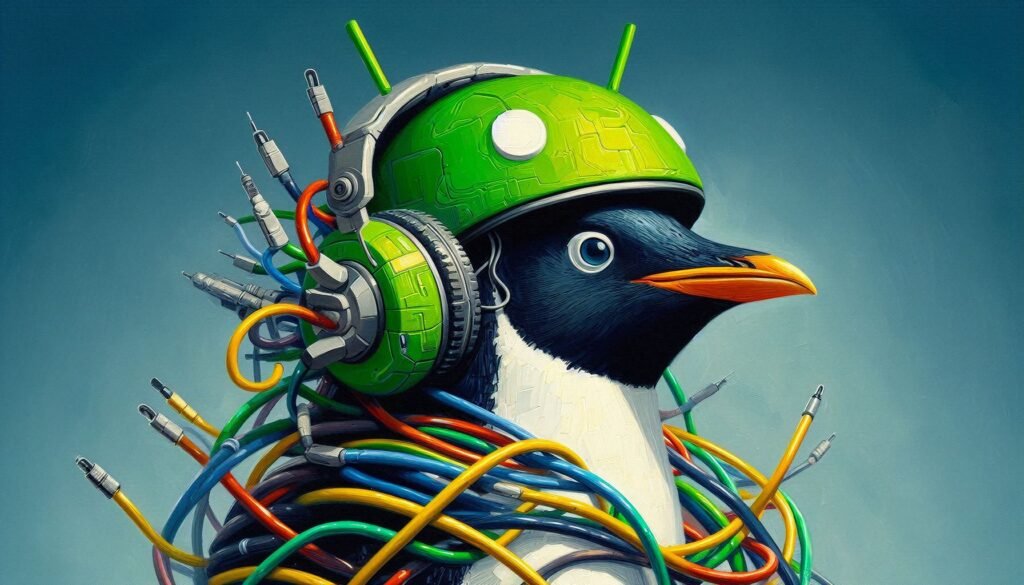 oil painting of a penguin sam galope network scans penguin wearing a green android helmet wrapped in network cables square