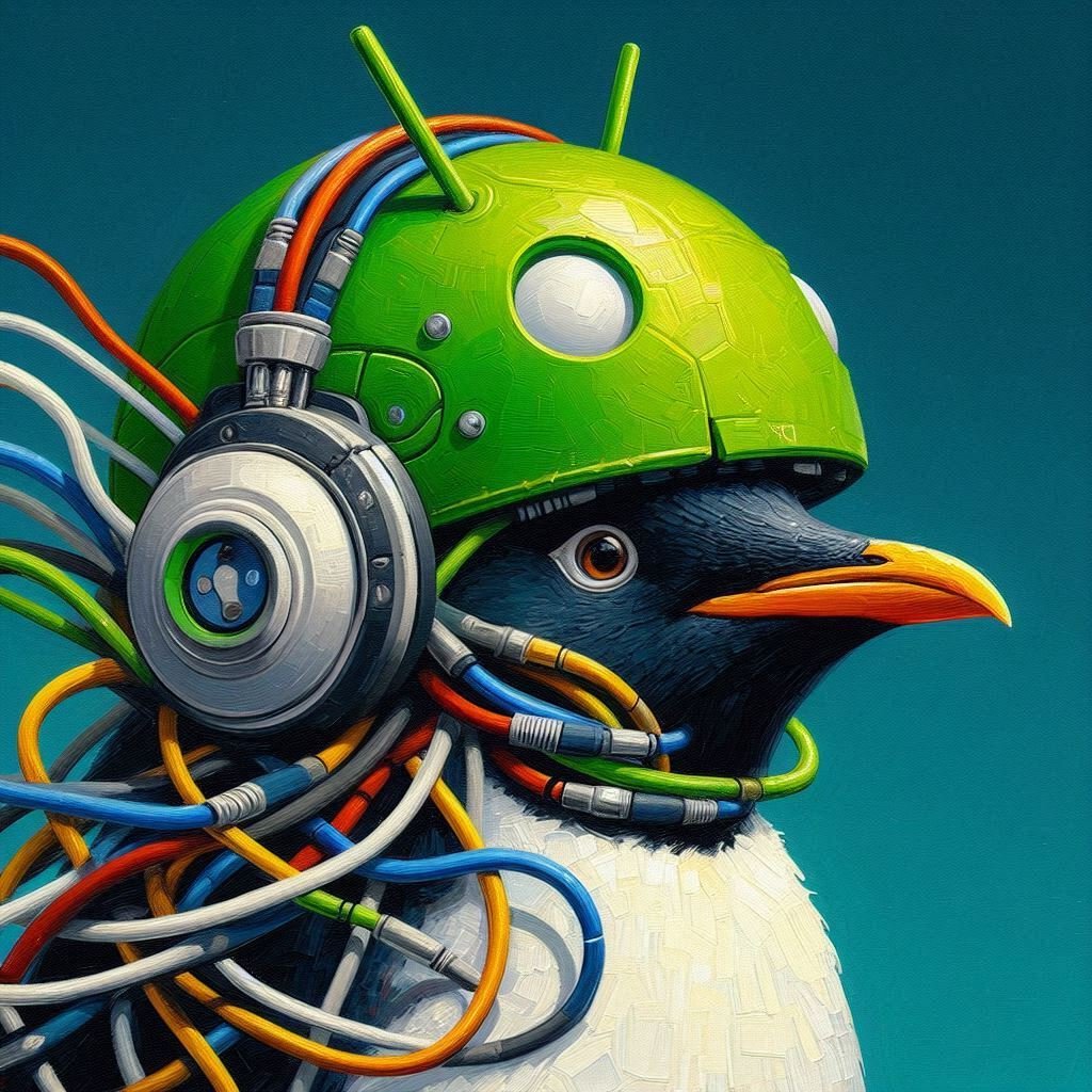 oil painting of a penguin sam galope network scans penguin wearing a green android helmet wrapped in network cables wide