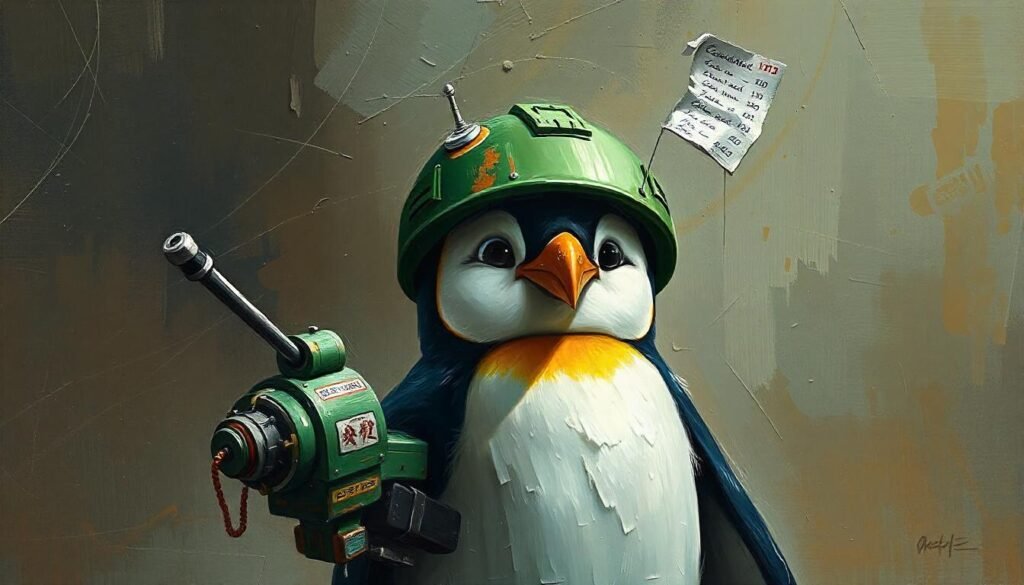 a penguin wearing a green android helmet holding a giant antenna. use textured oil painting with a gritty grungy feel.