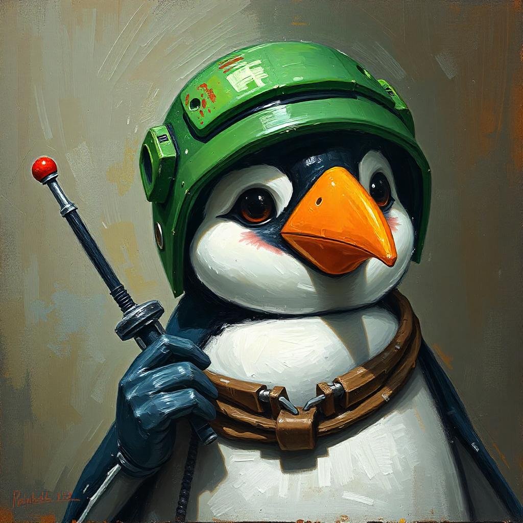 a penguin wearing a green android helmet holding a giant antenna. use textured oil painting with a gritty grungy feel.