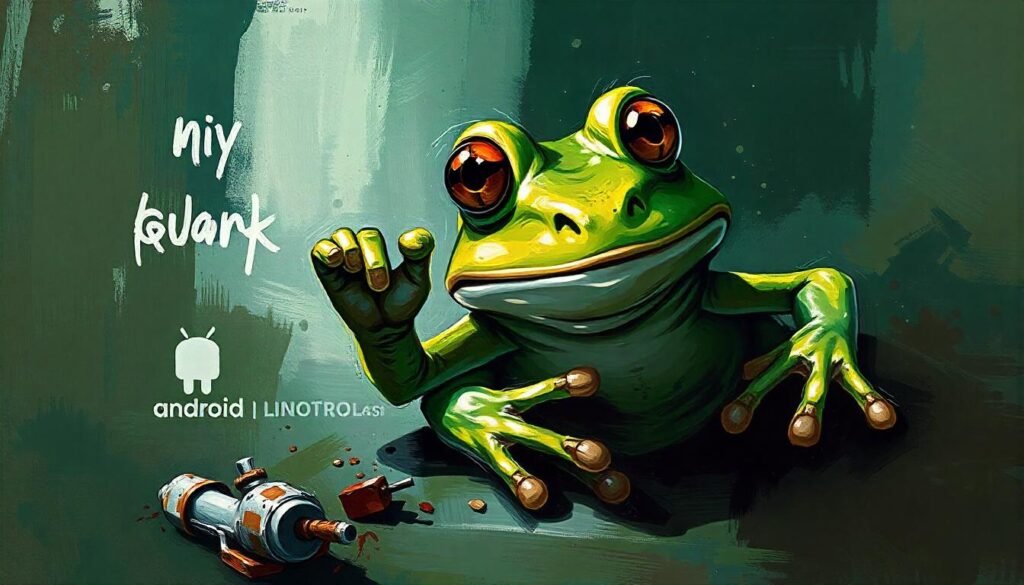 a frog playing with the google android mascot. gritty grungy textured aesthetic