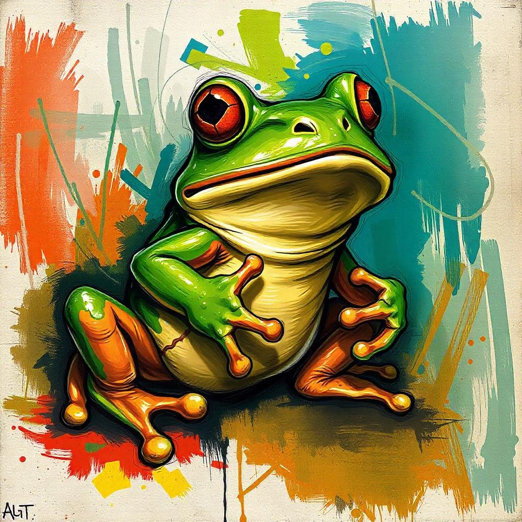 a frog playing with the google android mascot. gritty grungy textured aesthetic