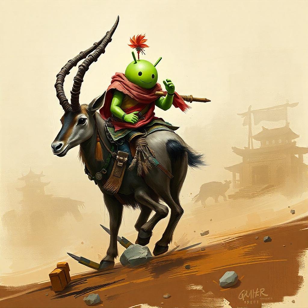 android mascot riding an antelope. use gritty grungy textured aesthetic.