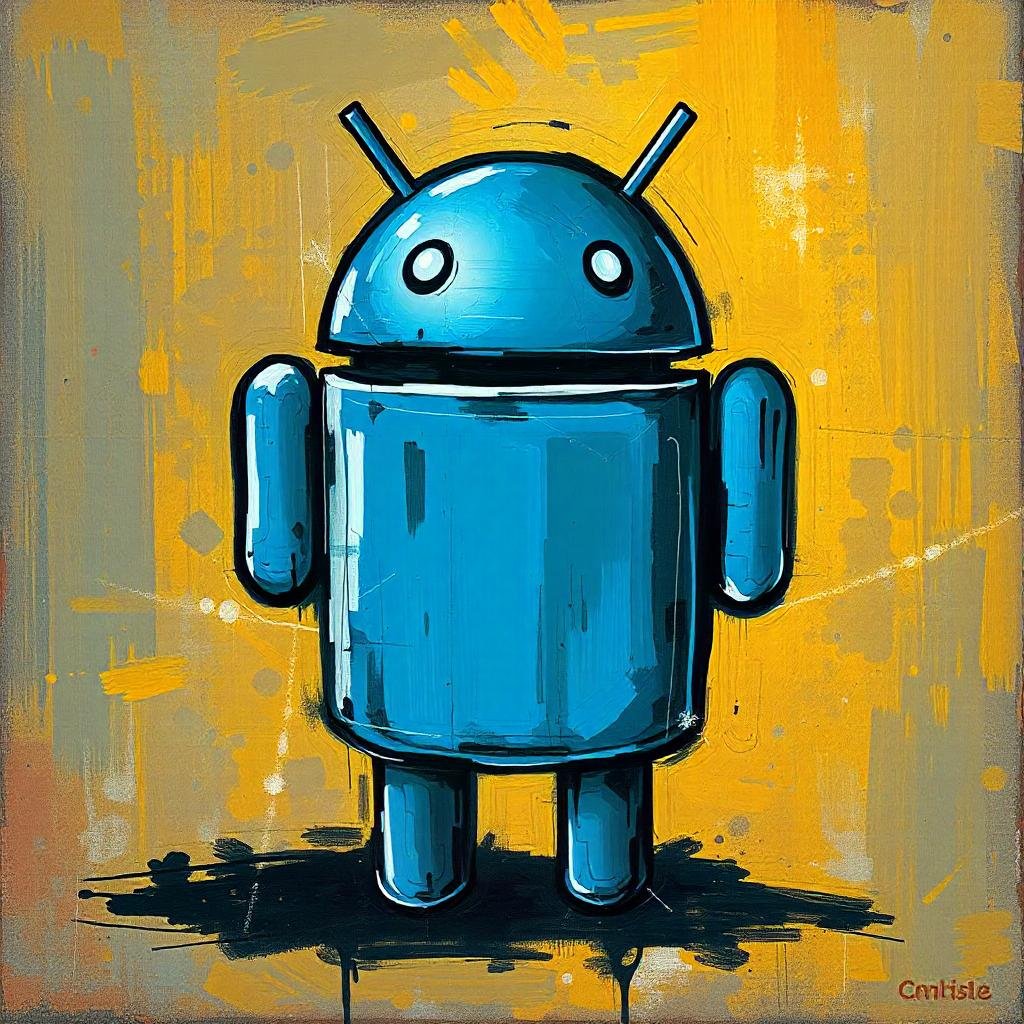 android mascot painting a big blue micro symbol. use gritty grungy textured aesthetic.