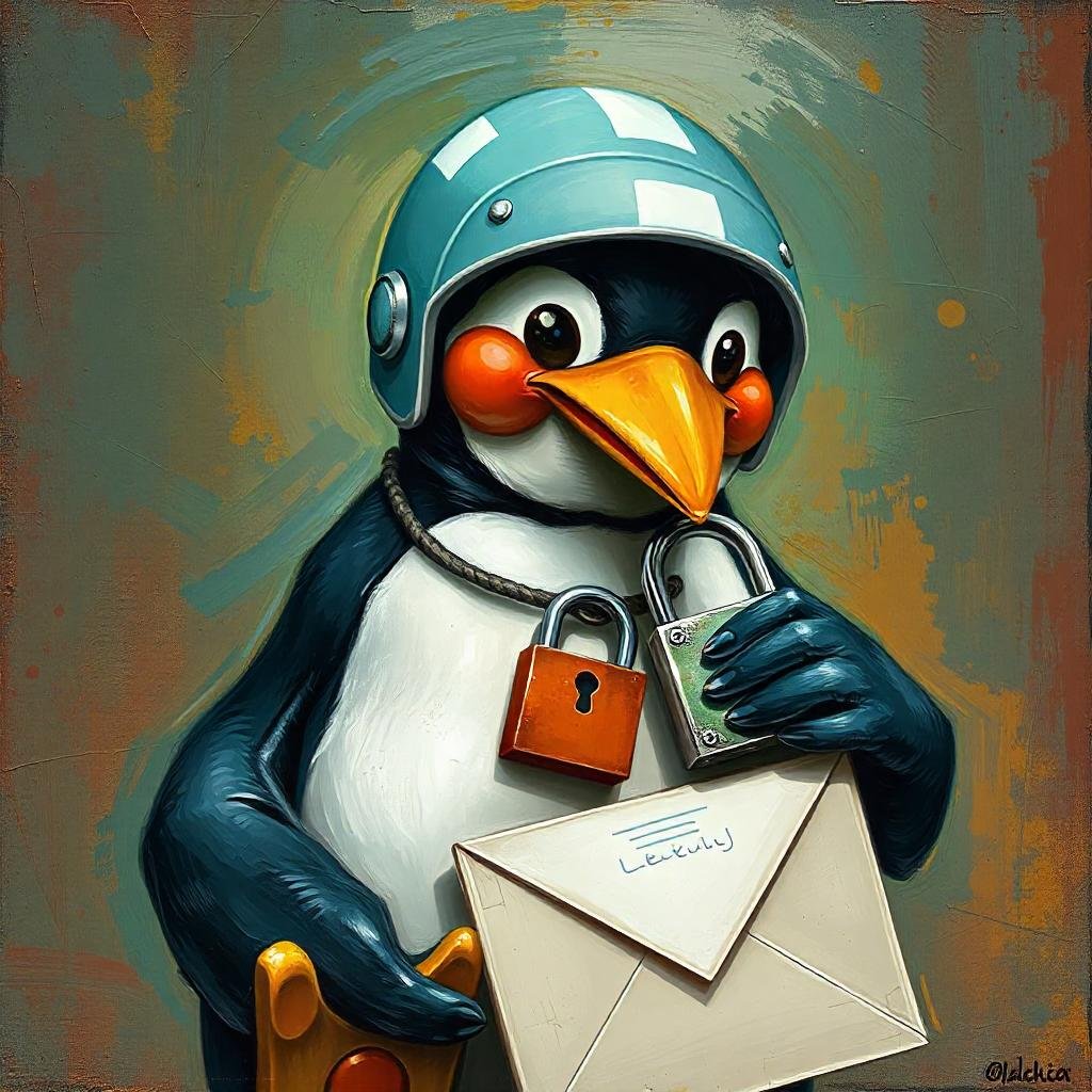 a penguin wearing a google android mascot helmet putting a padlock on an envelope. use gritty grungy aesthetic. use textured paint.