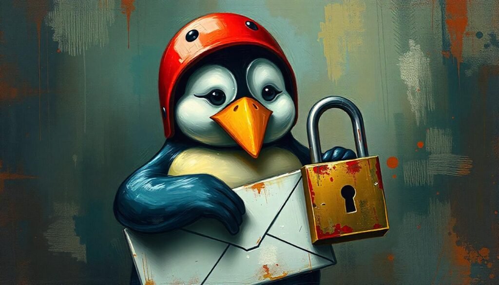 a penguin wearing a google android mascot helmet putting a padlock on an envelope. use gritty grungy aesthetic. use textured paint.